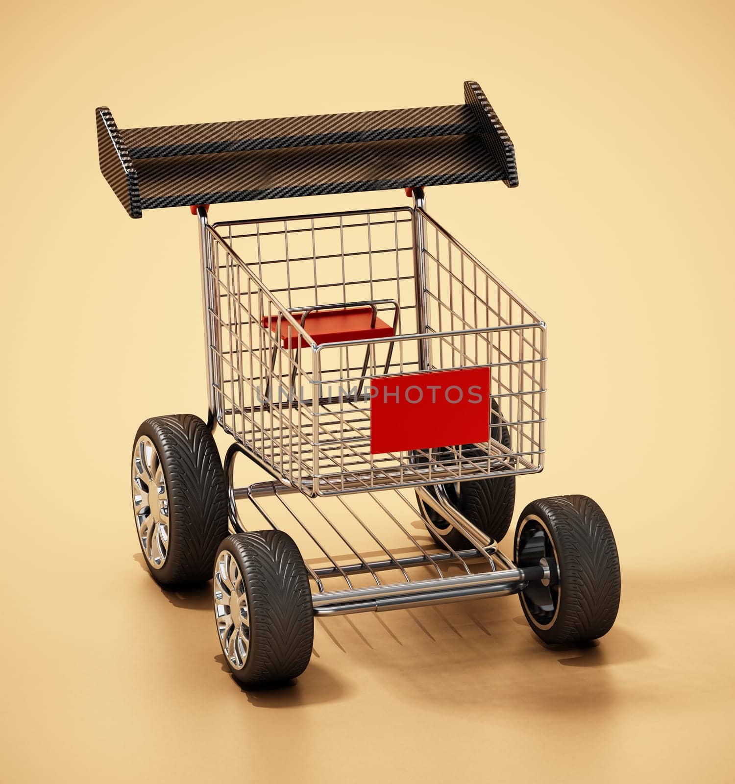 Shopping cart with sports tyres and a spoiler. 3D illustration.