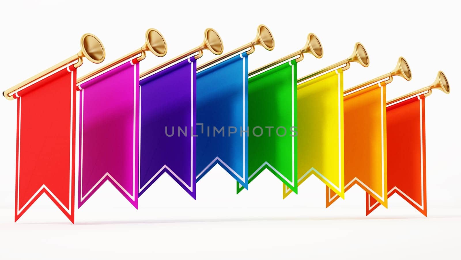 Trumpets with colored flags isolated on white background. 3D illustration.