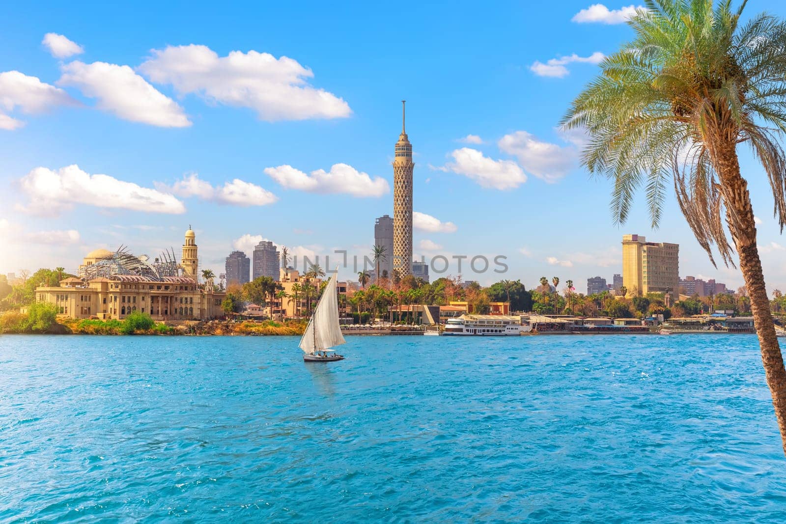 Cairo downtown, view on Gezira Island in the Nile and sailboat, Egypt, Africa.