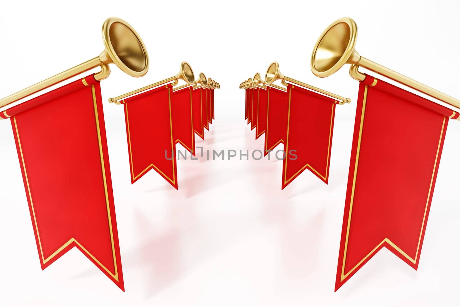 Trumpets with red flags isolated on white background. 3D illustration.