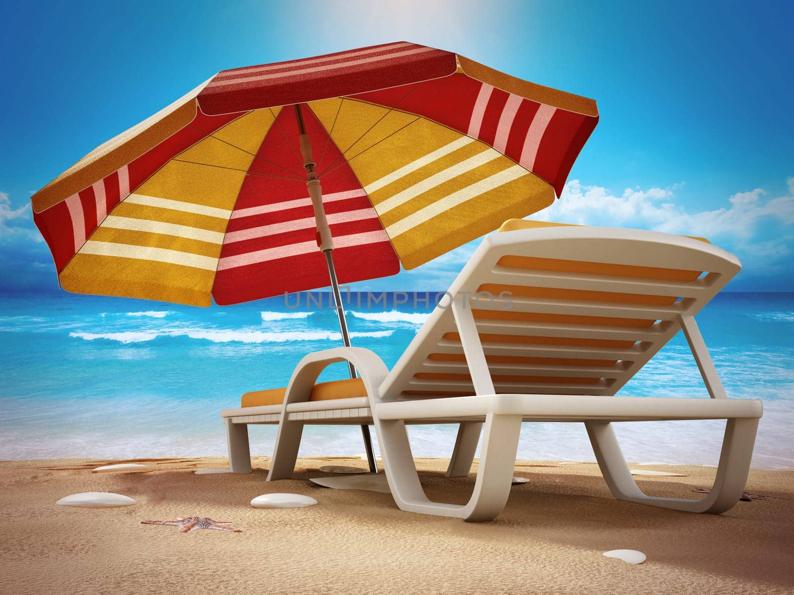 Sunbed and umbrella standing on the shore opposite to the sea view. 3D illustration.