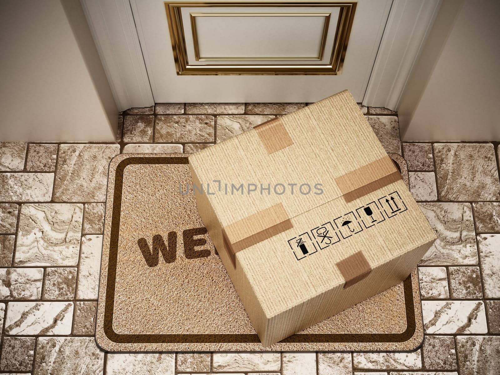 Cargo box standing on doormat. 3D illustration.