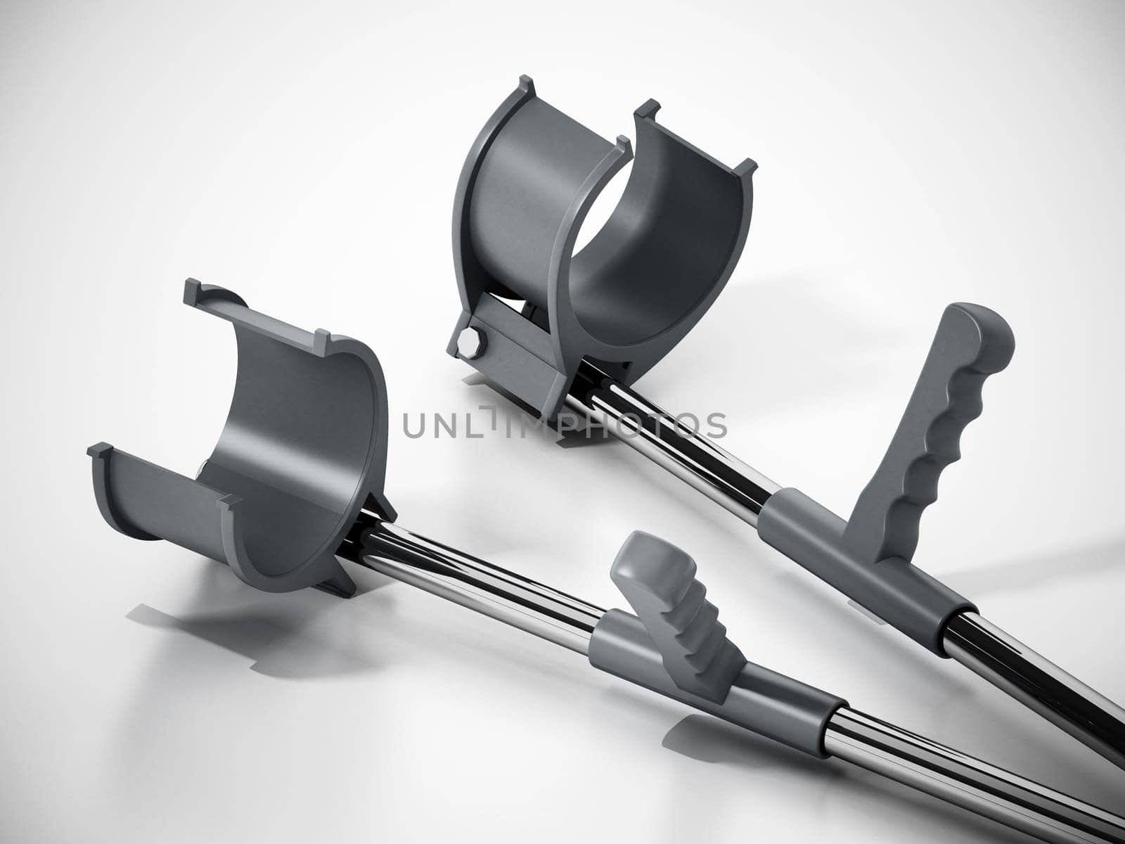 Pair of crutches isolated on white background. 3D illustration.