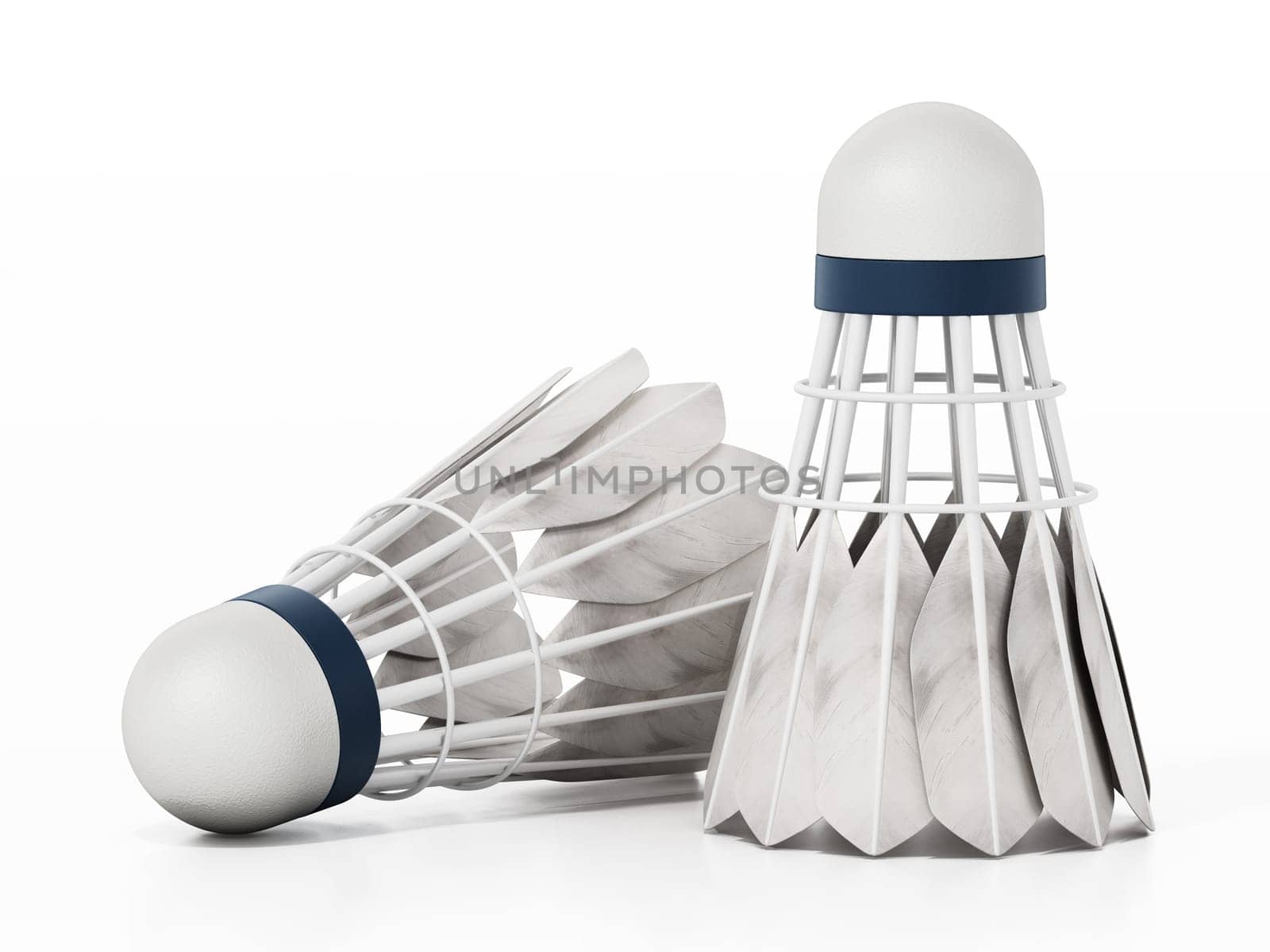 Badminton shuttlecocks and rackets isolated on white background. 3D illustration.