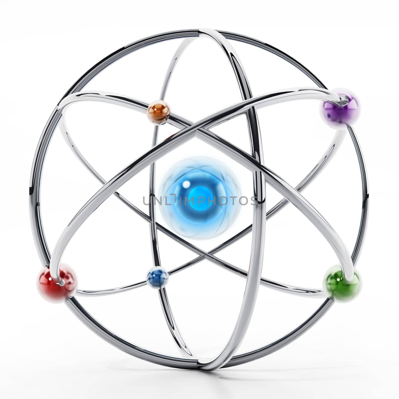 Fictitious atom model with core and orbiting spheres. 3D illustration.