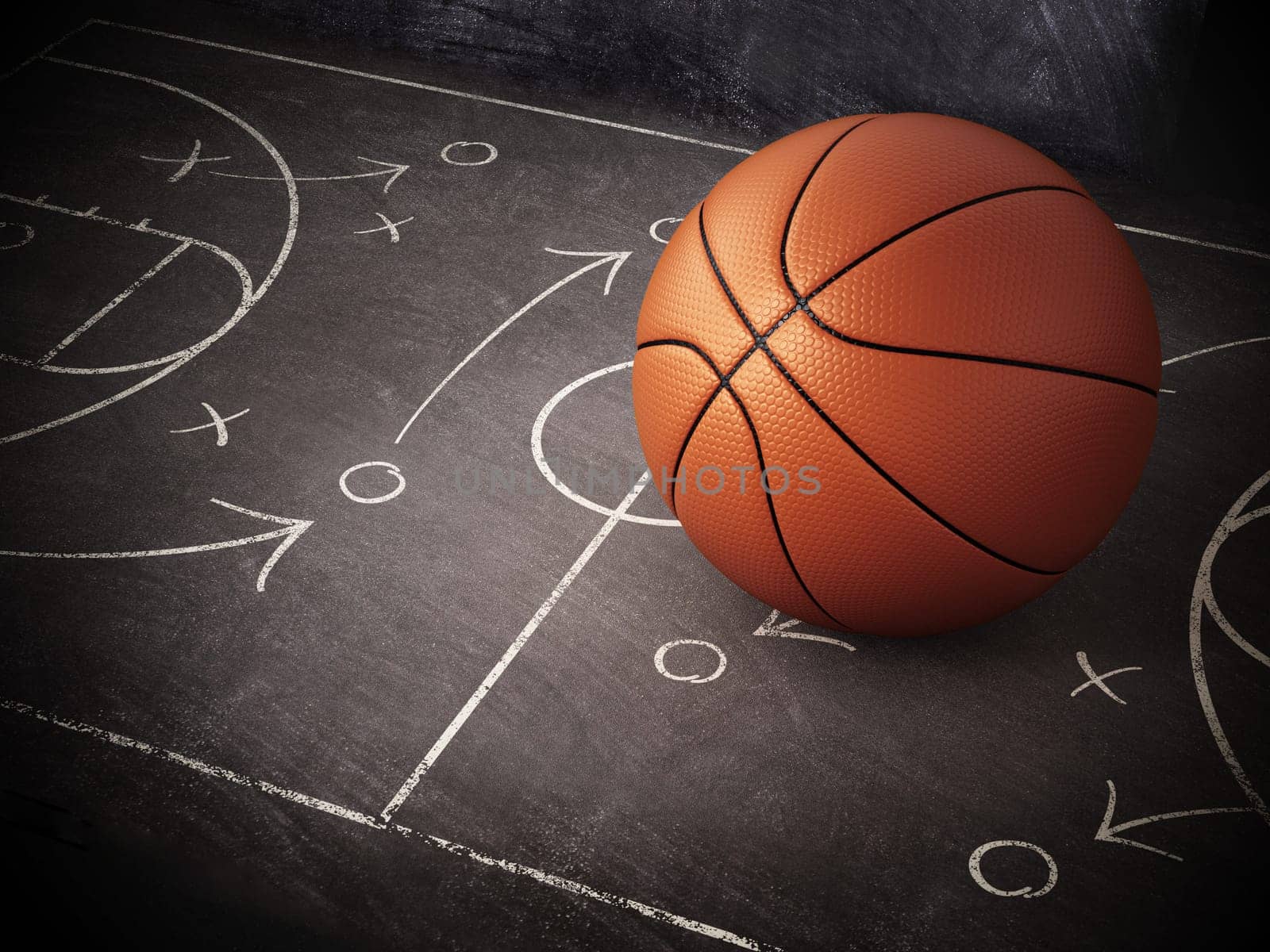 Basketball standing on game strategy blackboard. 3D illustration.