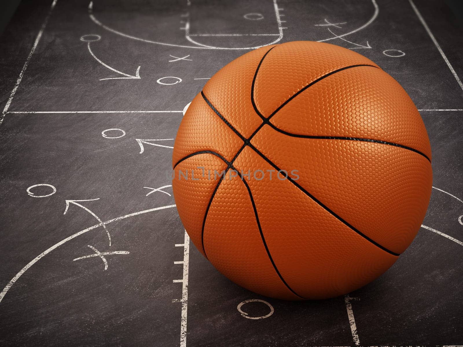 Basketball standing on game strategy blackboard. 3D illustration.