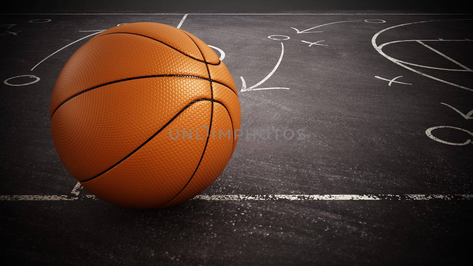 Basketball standing on game strategy blackboard. 3D illustration.