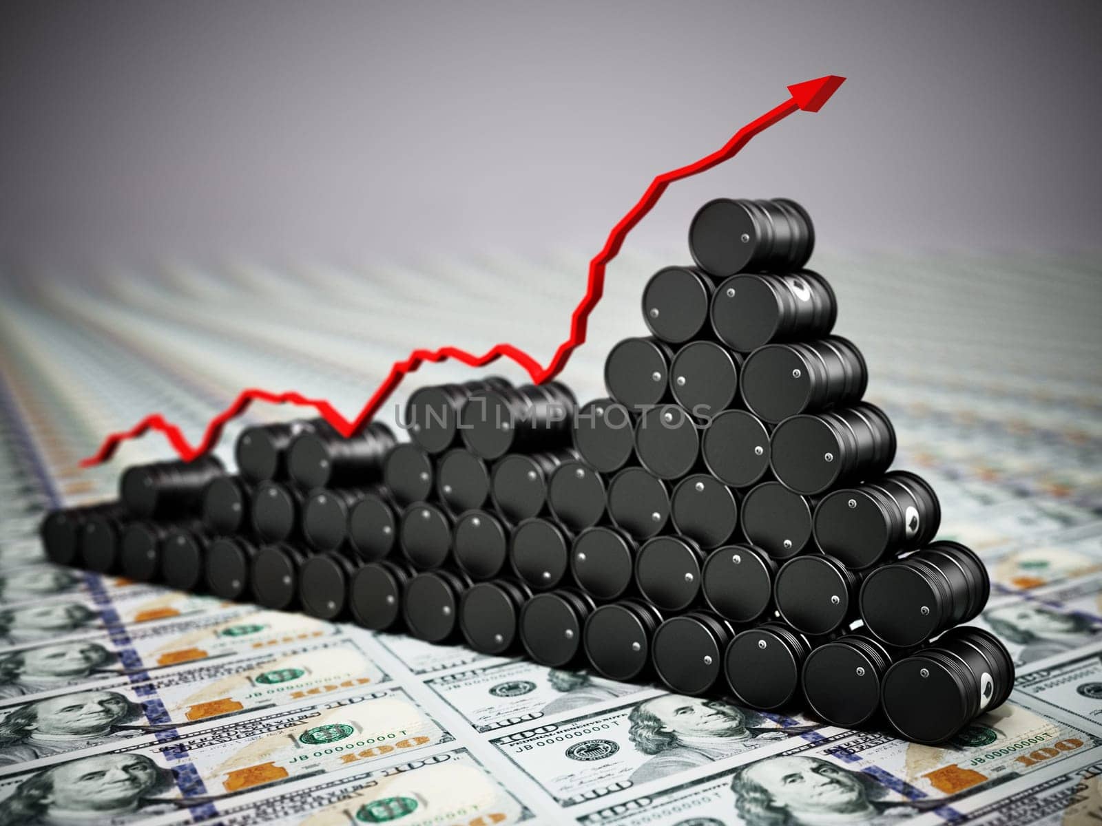 Crude oil drums standing on dollar bills. Rising oil prices concept. 3D illustration.