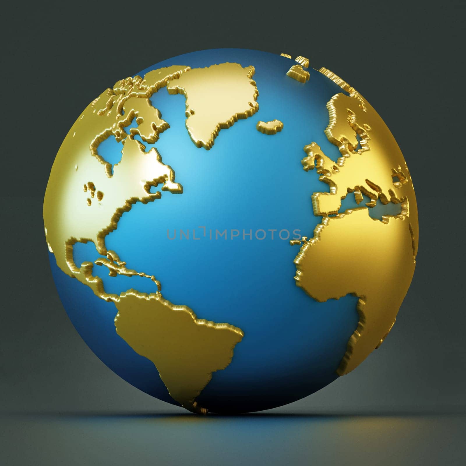 Blue and gold colored globe isolated on black. 3D illustration.