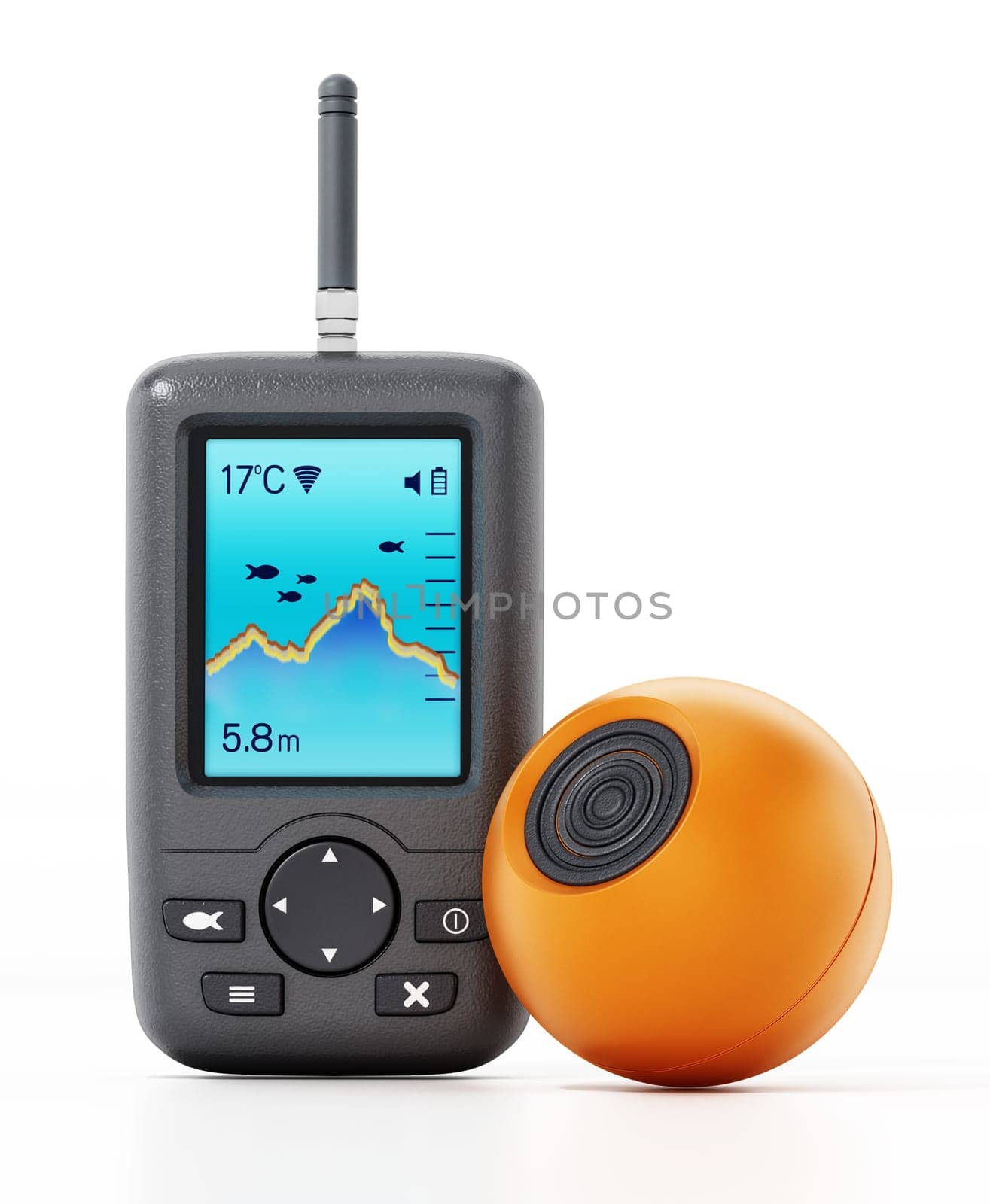 Digital fish finder and orange underwater probe isolated on white background. 3D illustration.