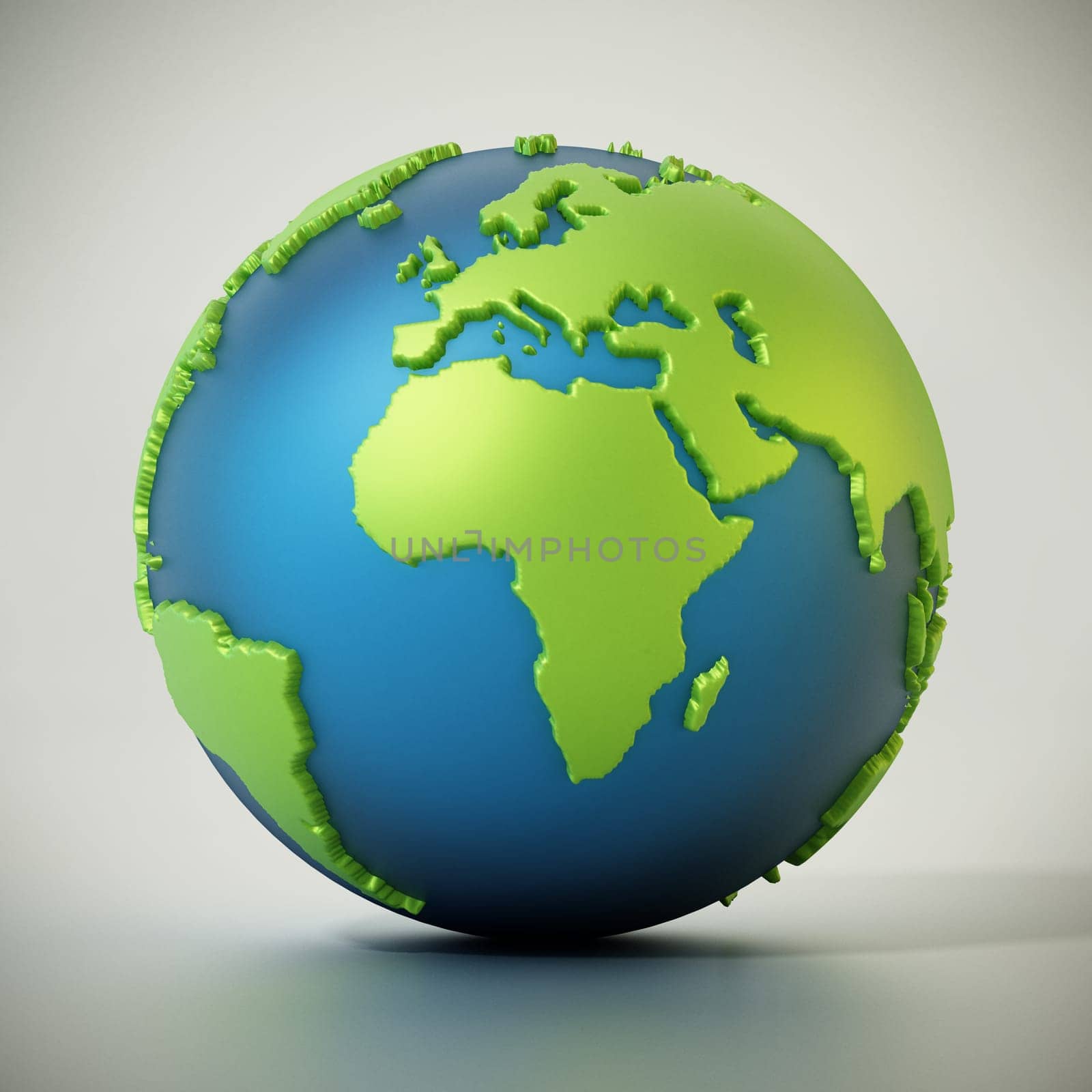 Blue and green colored globe isolated on gray. 3D illustration.