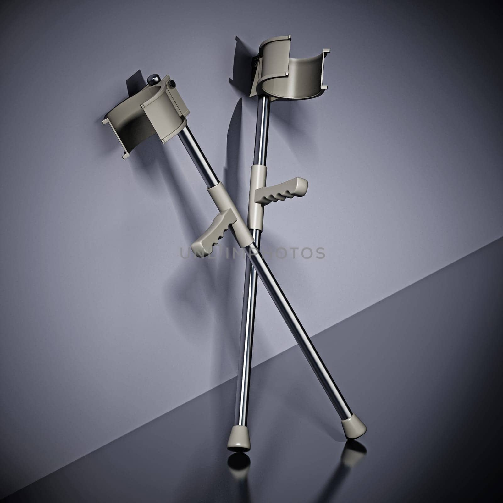 Pair of crutches standing next to the wall. 3D illustration.
