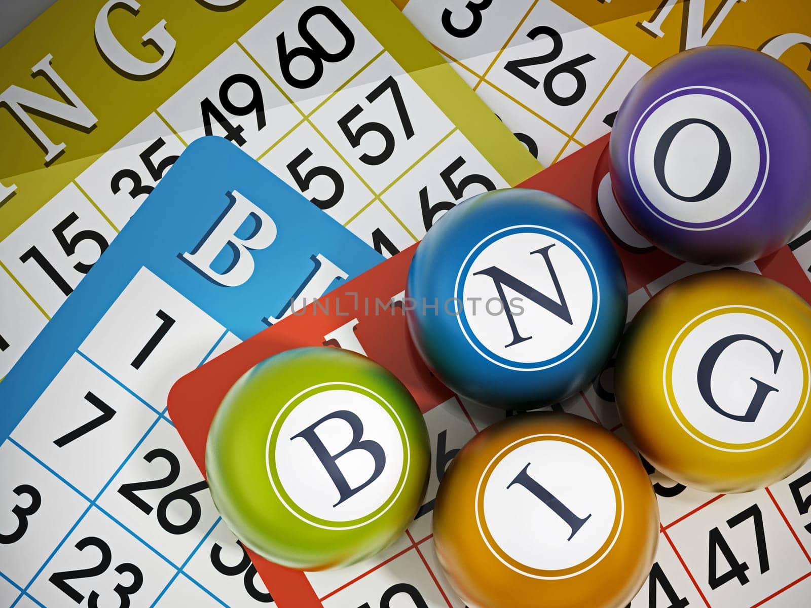 BINGO game cards and balls forming bingo word. 3D illustration.