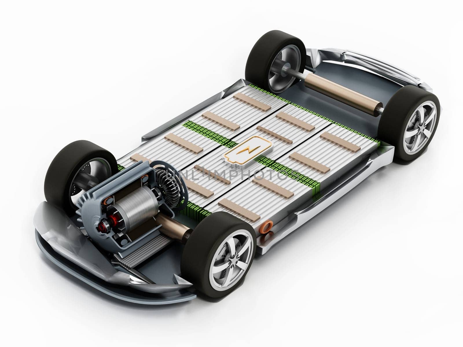 Fictitious electric car chassis with electric engine and batteries. 3D illustration.