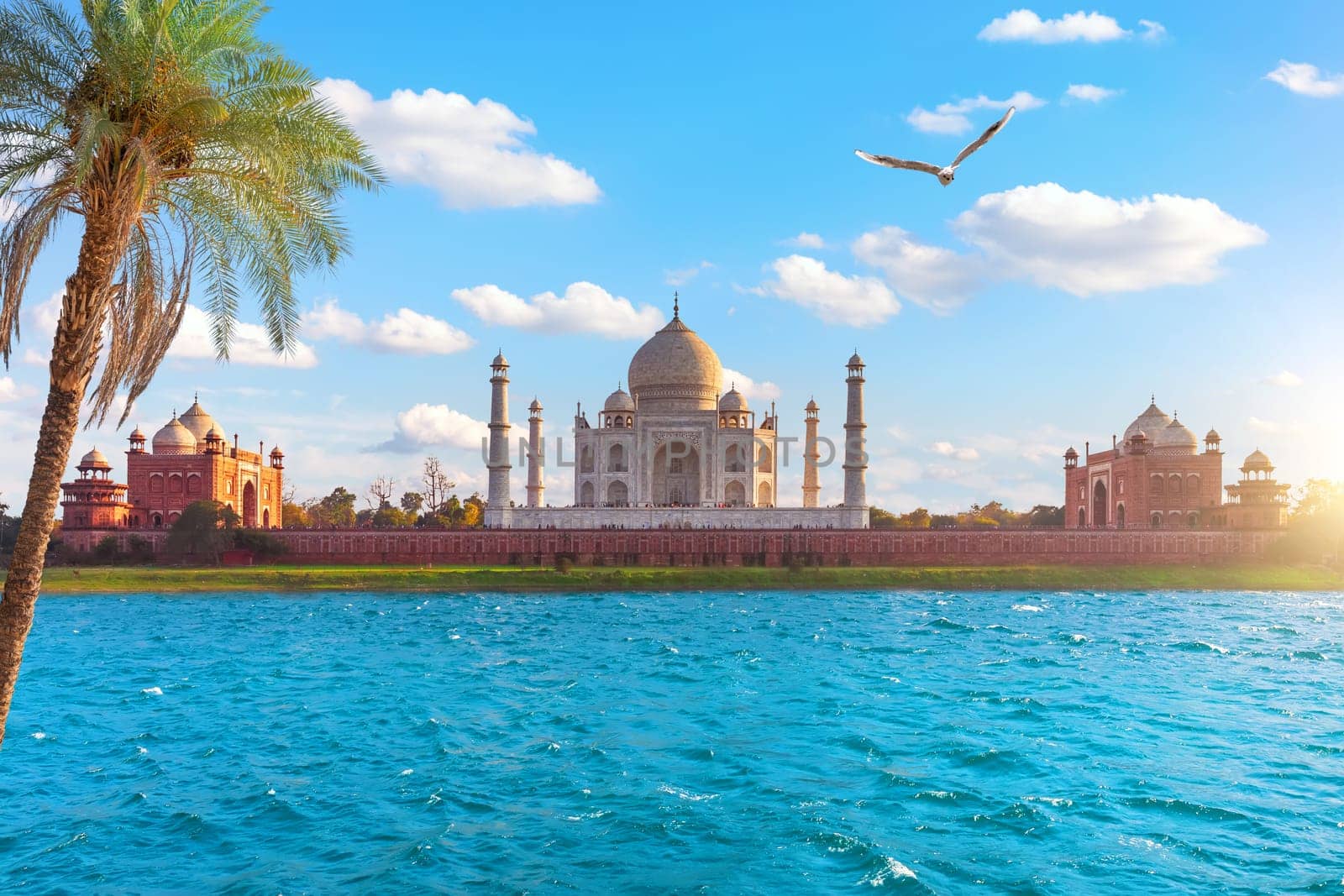 Beautiful Taj Mahal Mausoleum on the bank of the Yumana river, Agra, India.