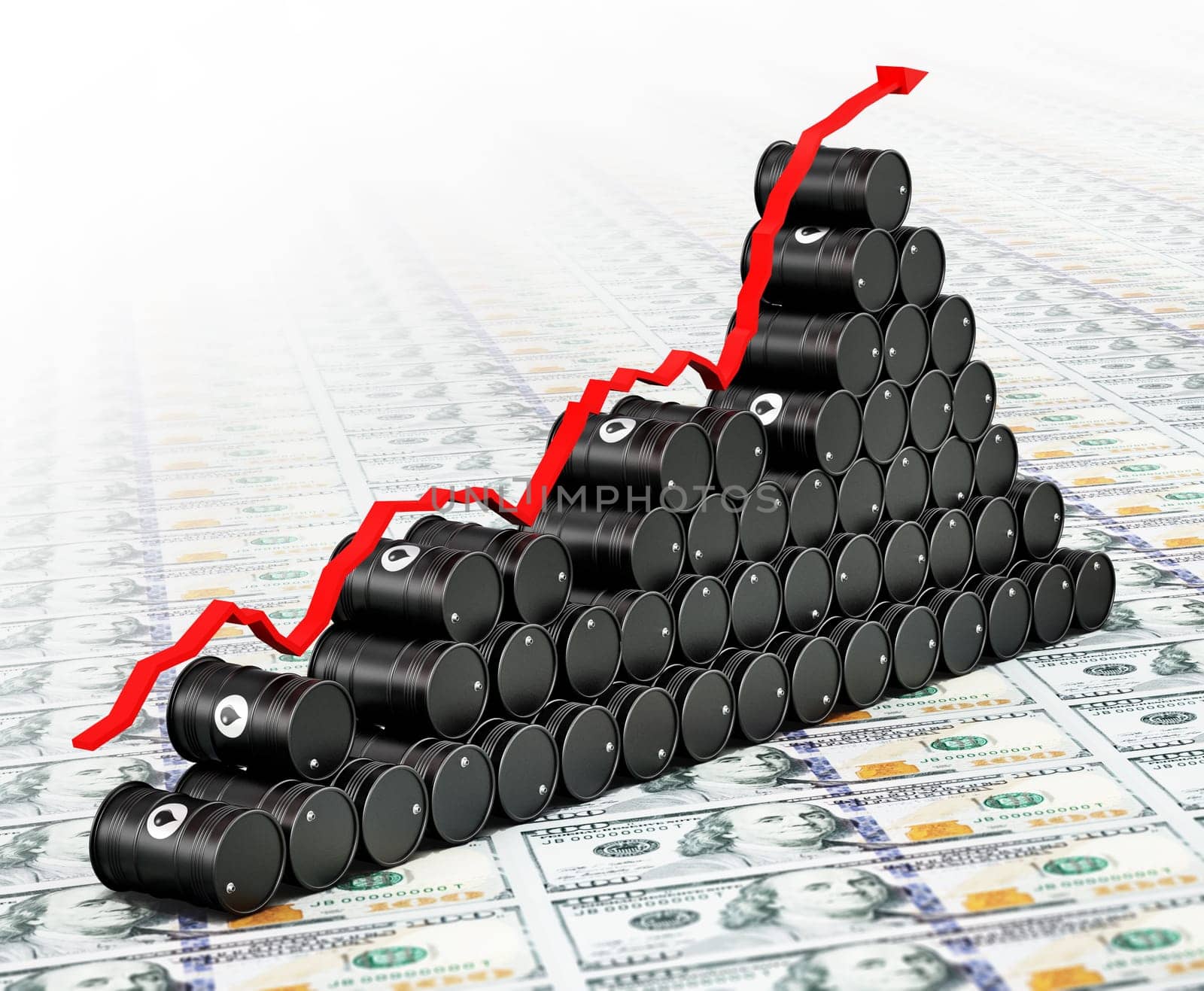 Crude oil drums standing on dollar bills. Rising oil prices concept. 3D illustration.