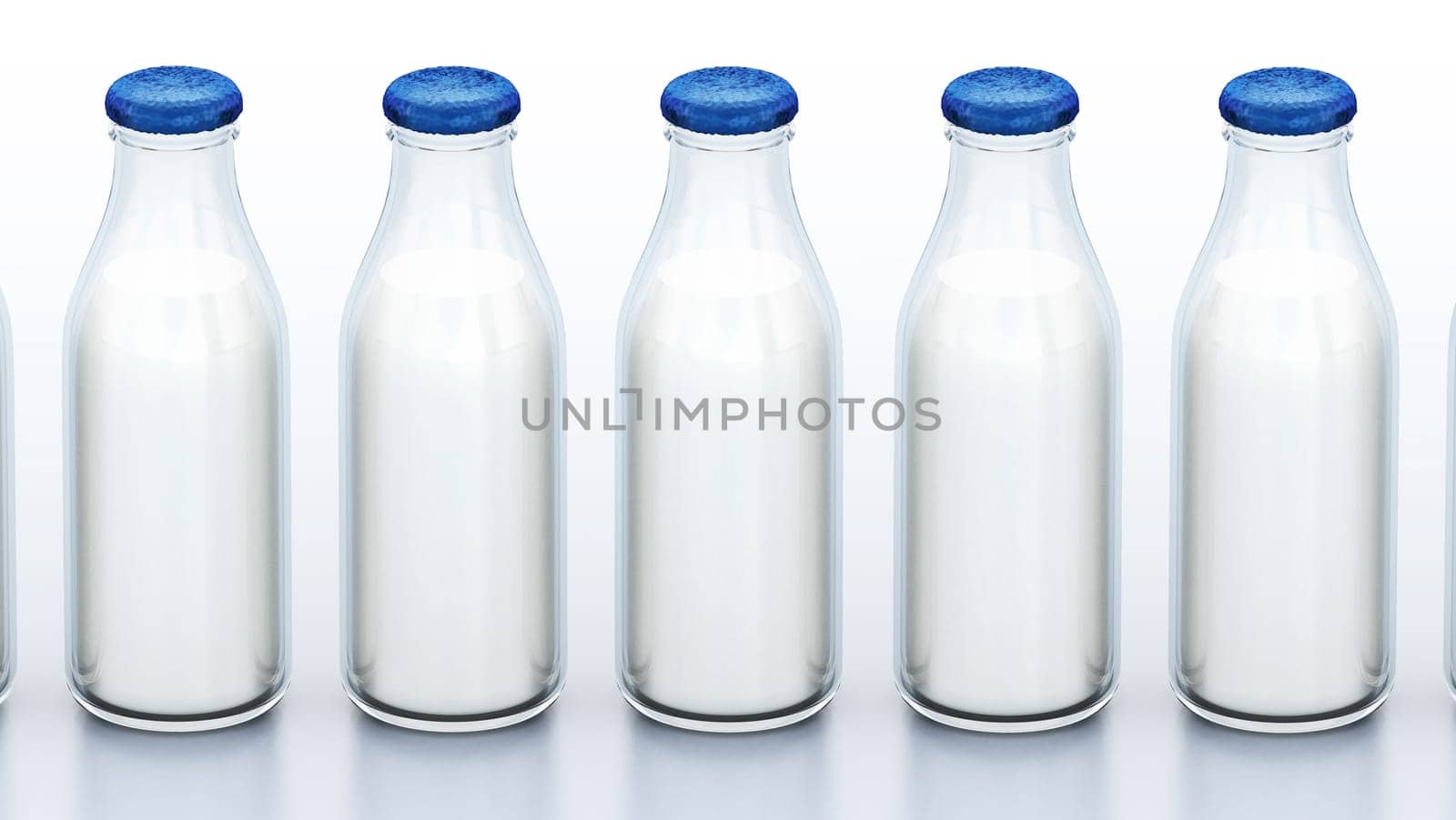 Milk bottles in a row isolated on white background. 3D illustration.
