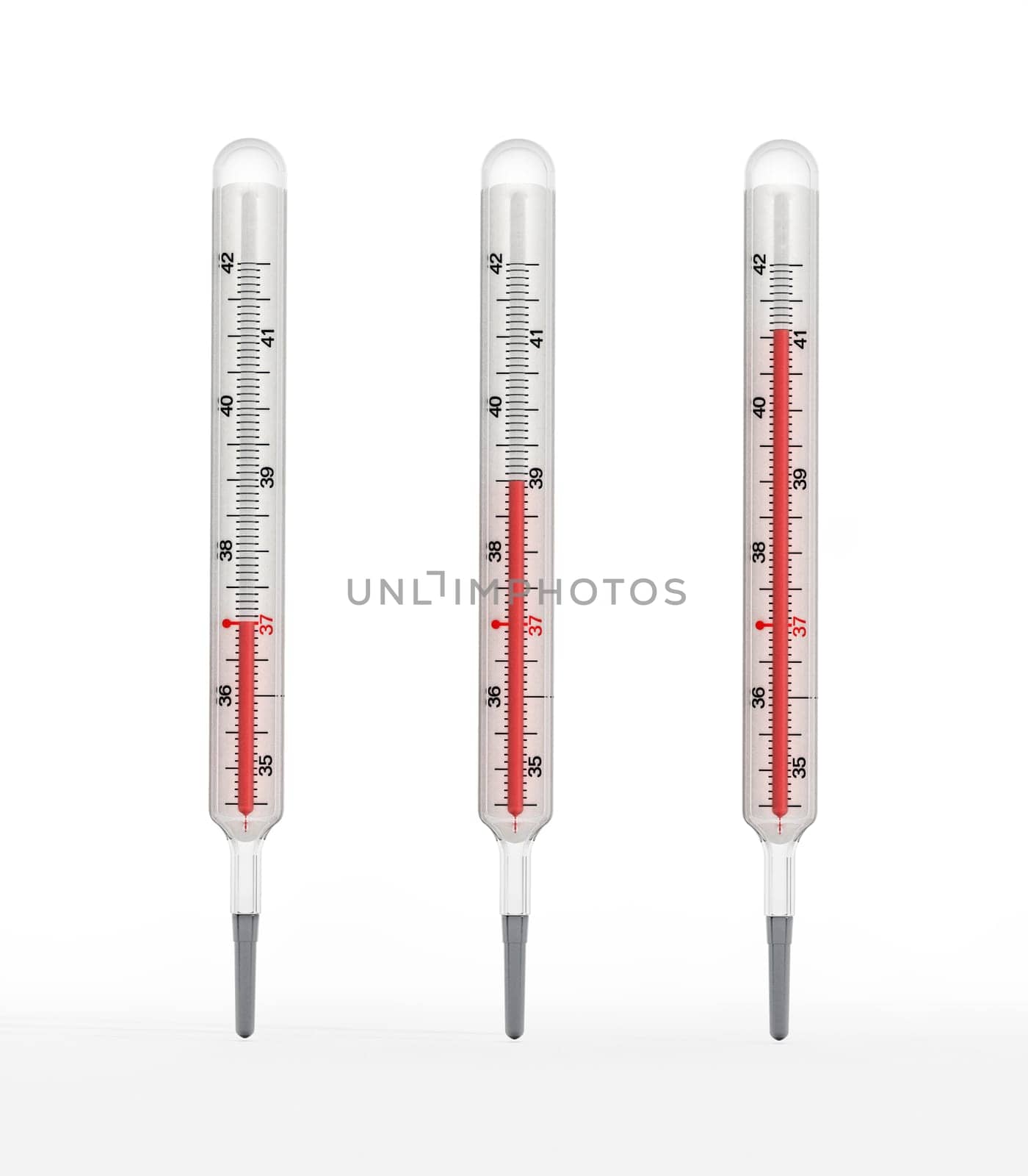 Vintage thermometers showing rising levels of fever. 3D illustration.