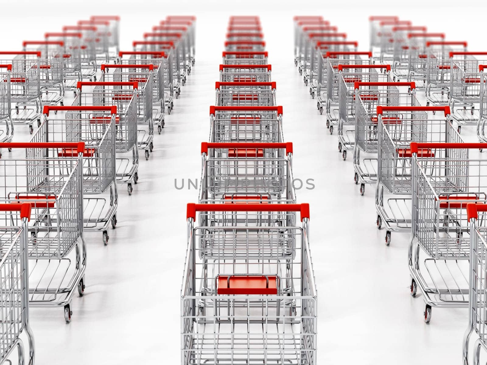 Shopping carts in a row isolated on white background. 3D illustration.