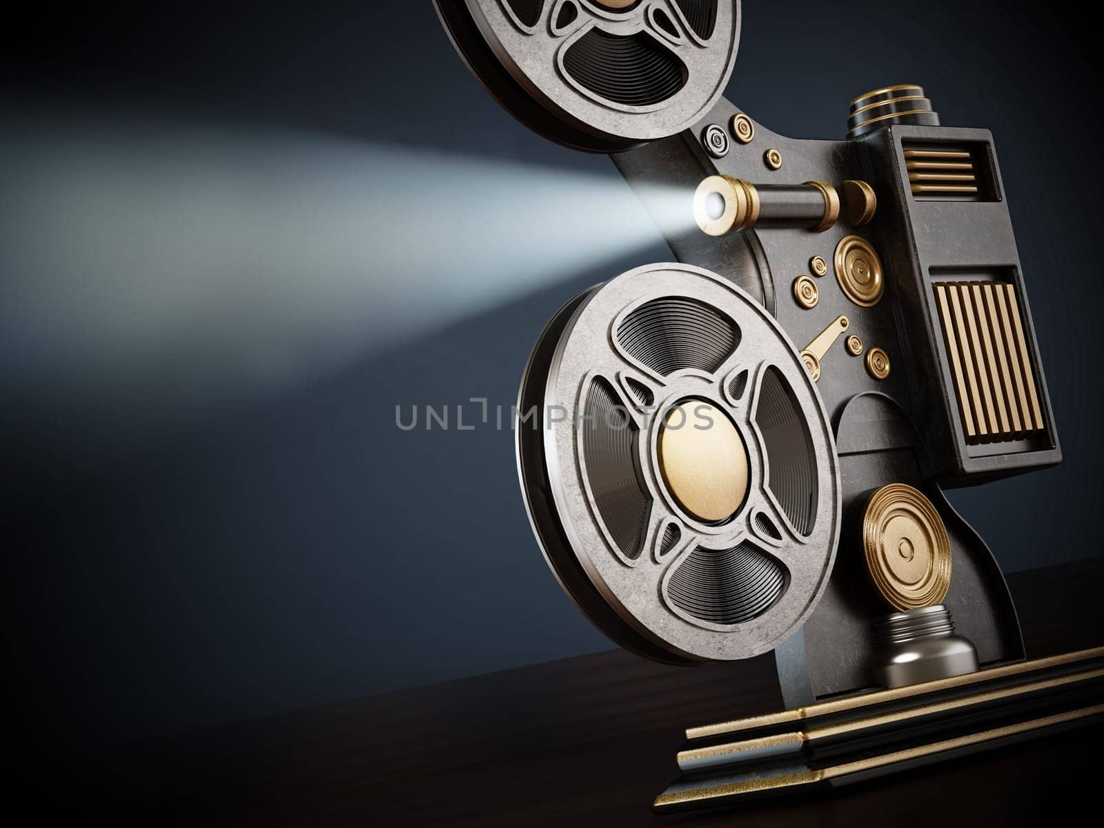 Vintage movie projector with volumetric light beam. 3D illustration.