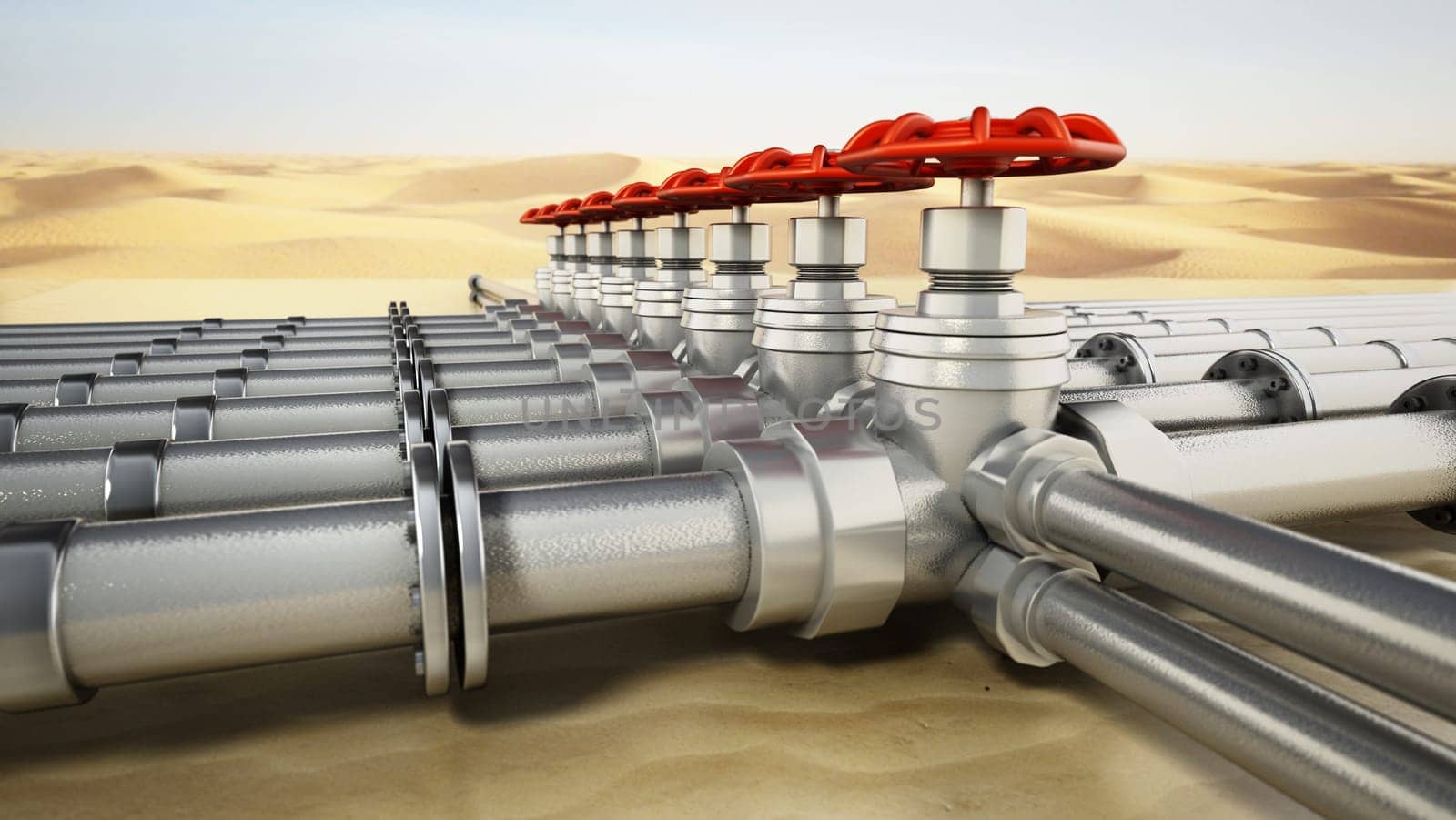 Valves and pipes across the desert. 3D illustration.
