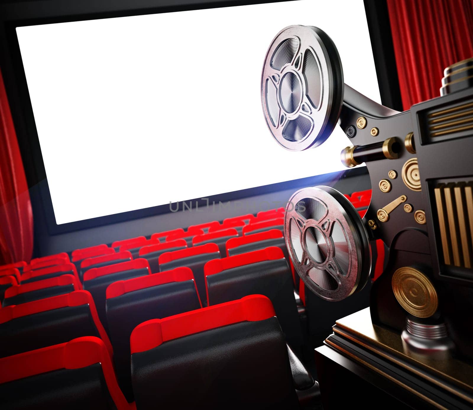 Vintage cinema projector in cinema theater. 3D illustration.