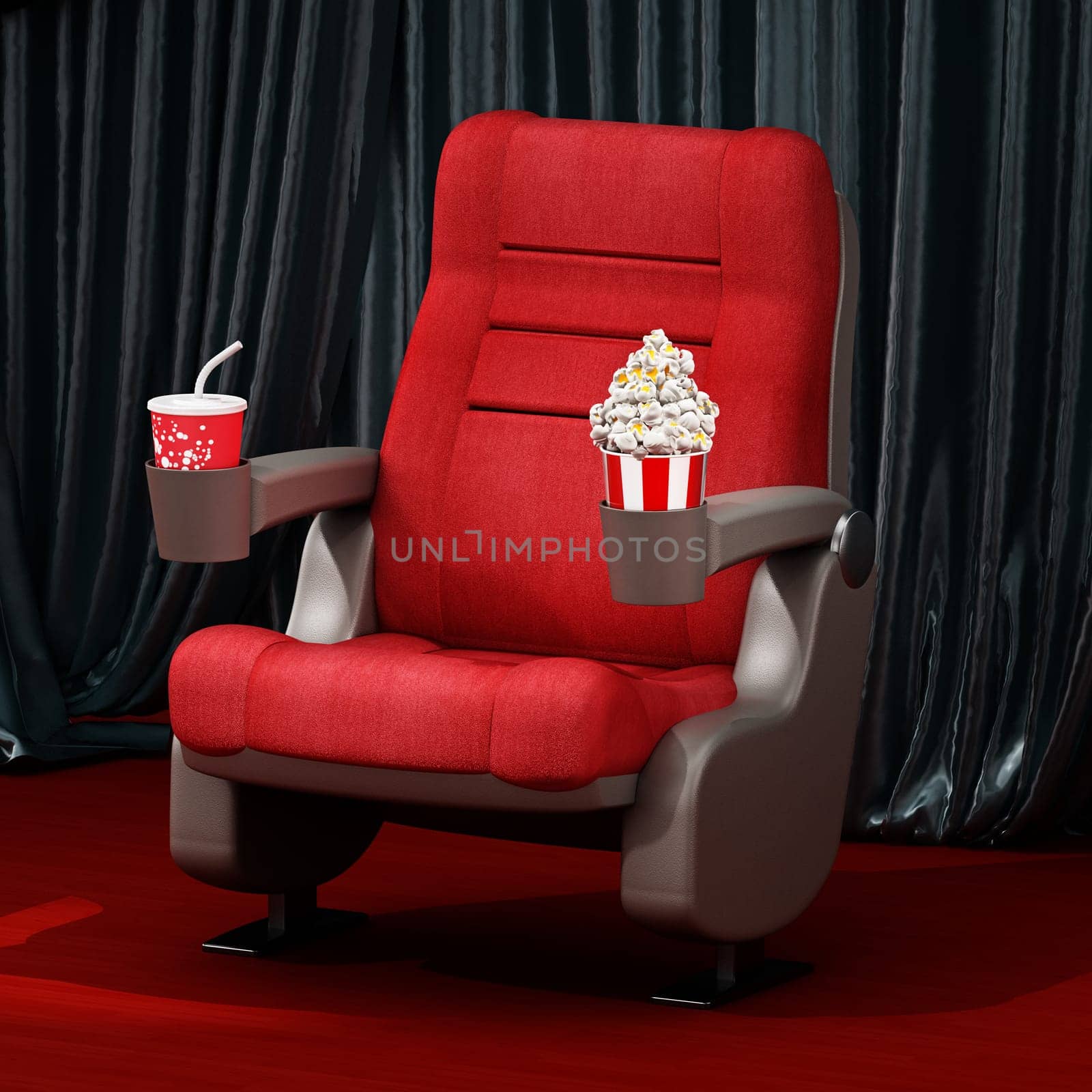 Cinema chair standing on stage in front of thr curtain. 3D illustration.