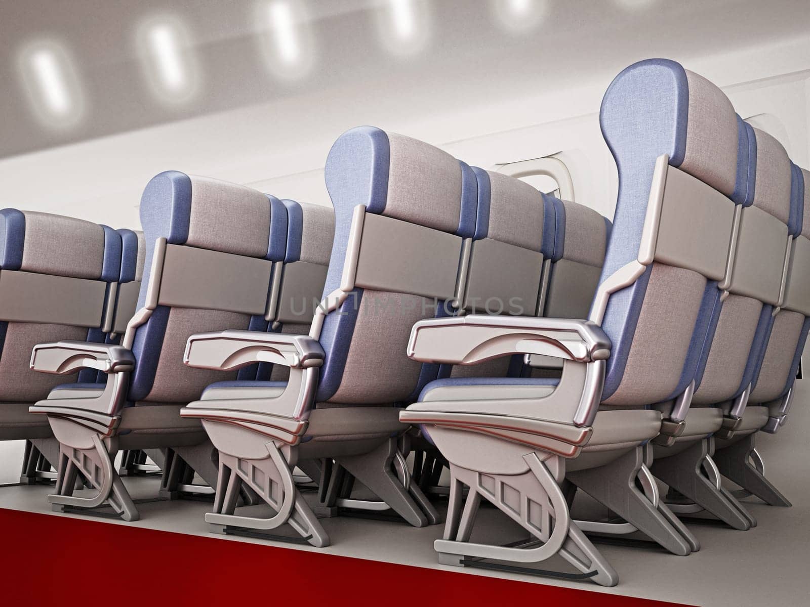 View of an airplane corridor with row of seats. 3D illustration.
