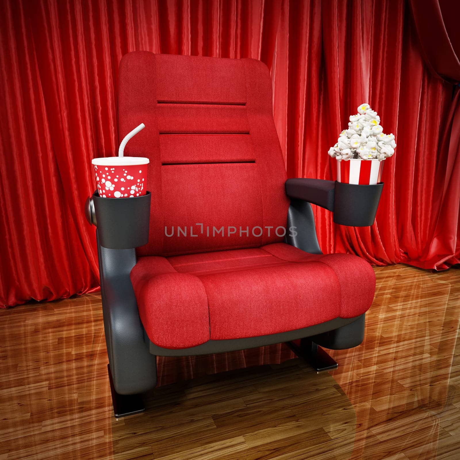Cinema chair standing on stage in front of thr curtain. 3D illustration.