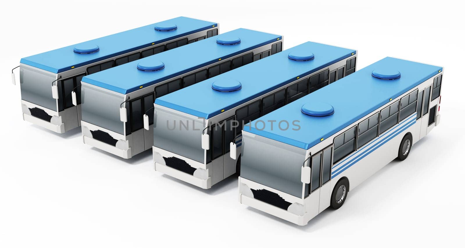 Generic city buses in a row isolated on white background. 3D illustration.