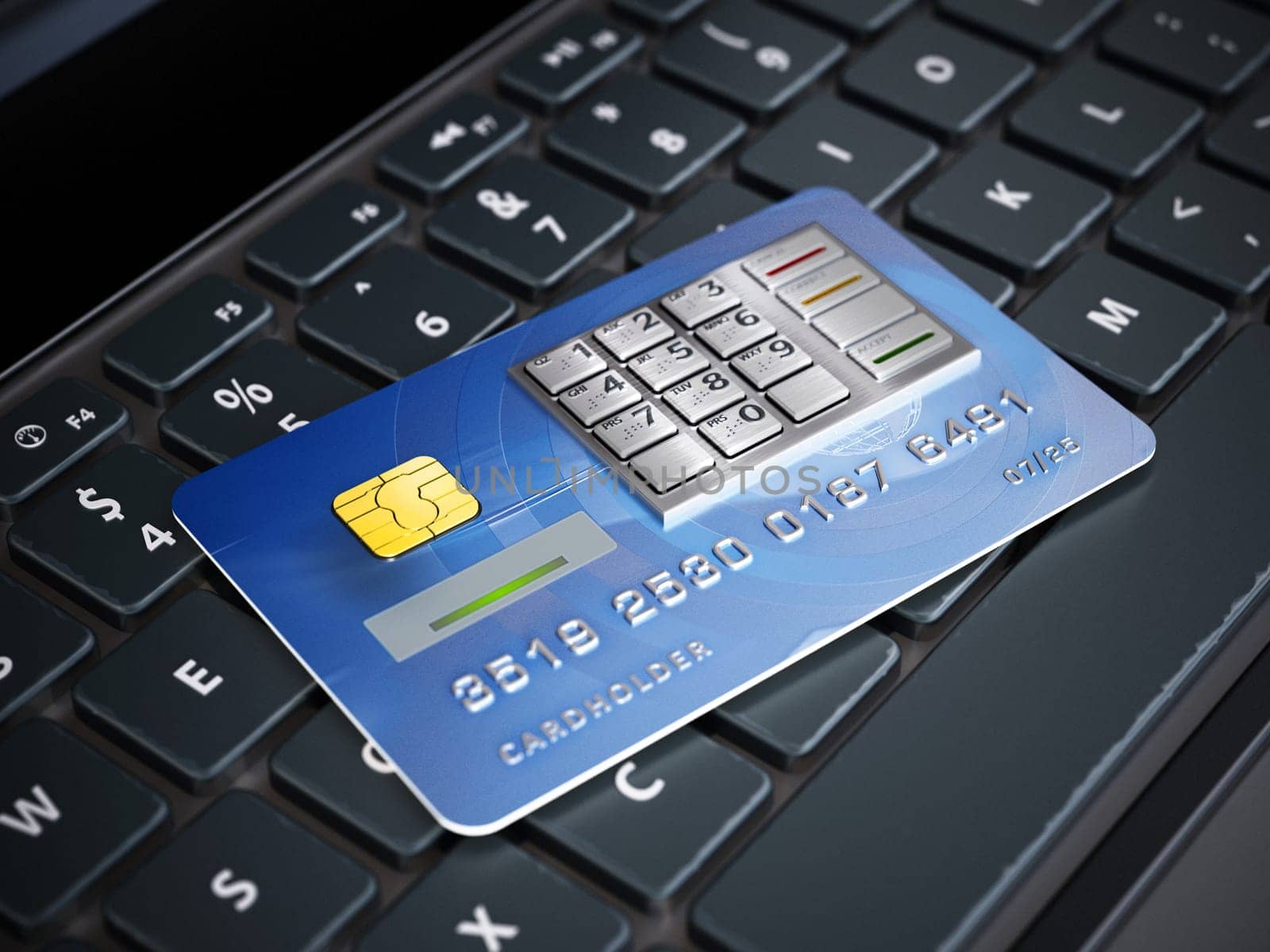 Fictitious credit card with ATM keypad standing on the keyboard. 3D illustration.
