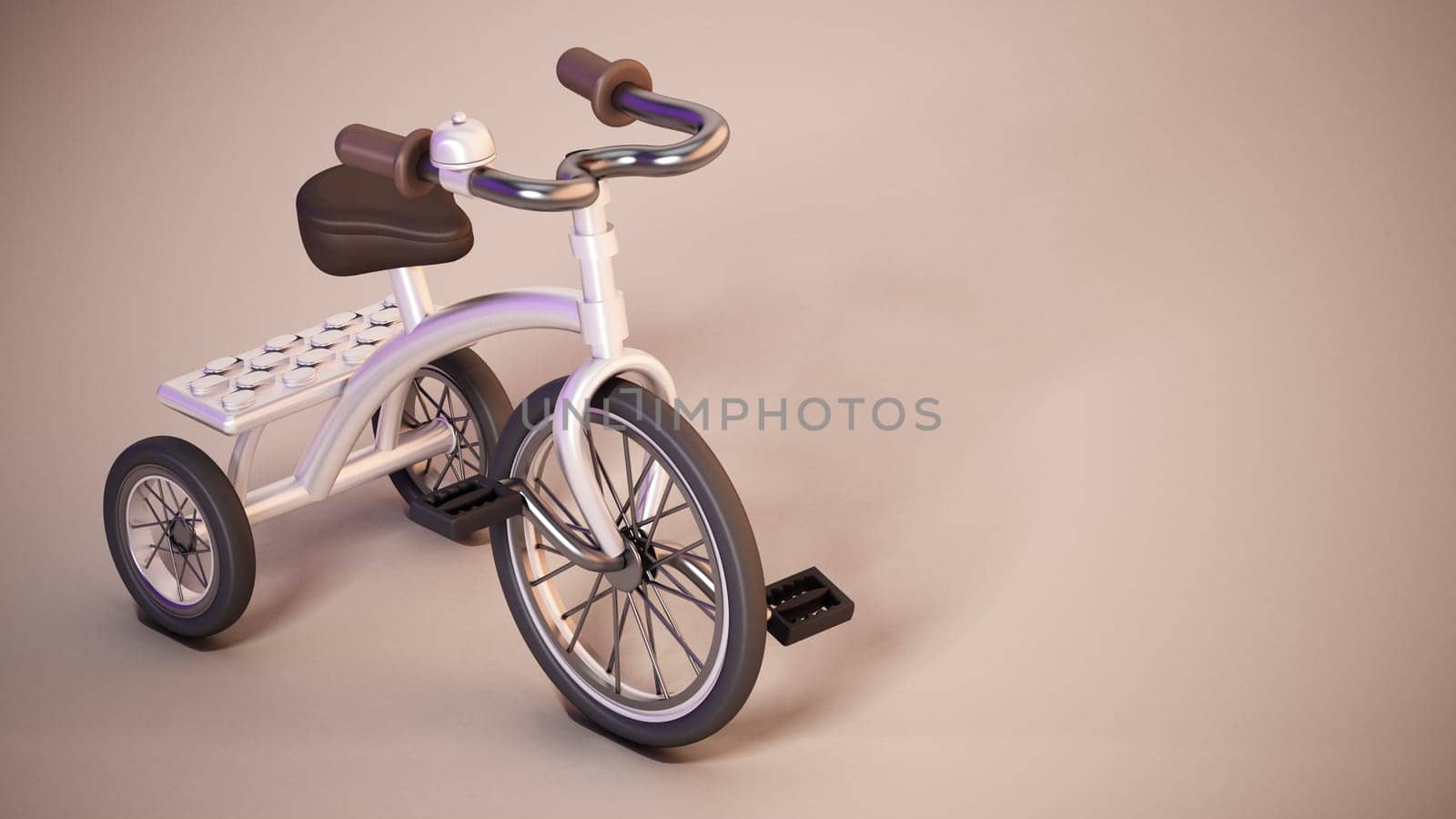 White vintage tricycle on yellow background with copy space. 3D illustration.