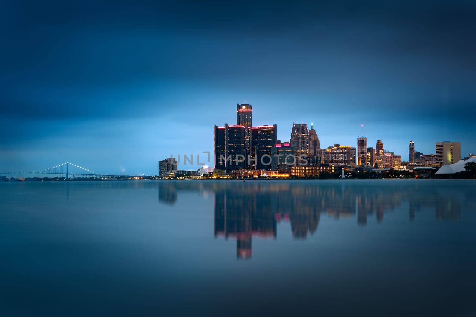 Detroit, Michigan skyline at night shot from Windsor, Ontario, USA