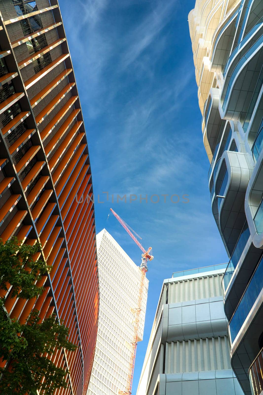 Modern architecture from skycraper in Frankfurt Hesse on a sunny day