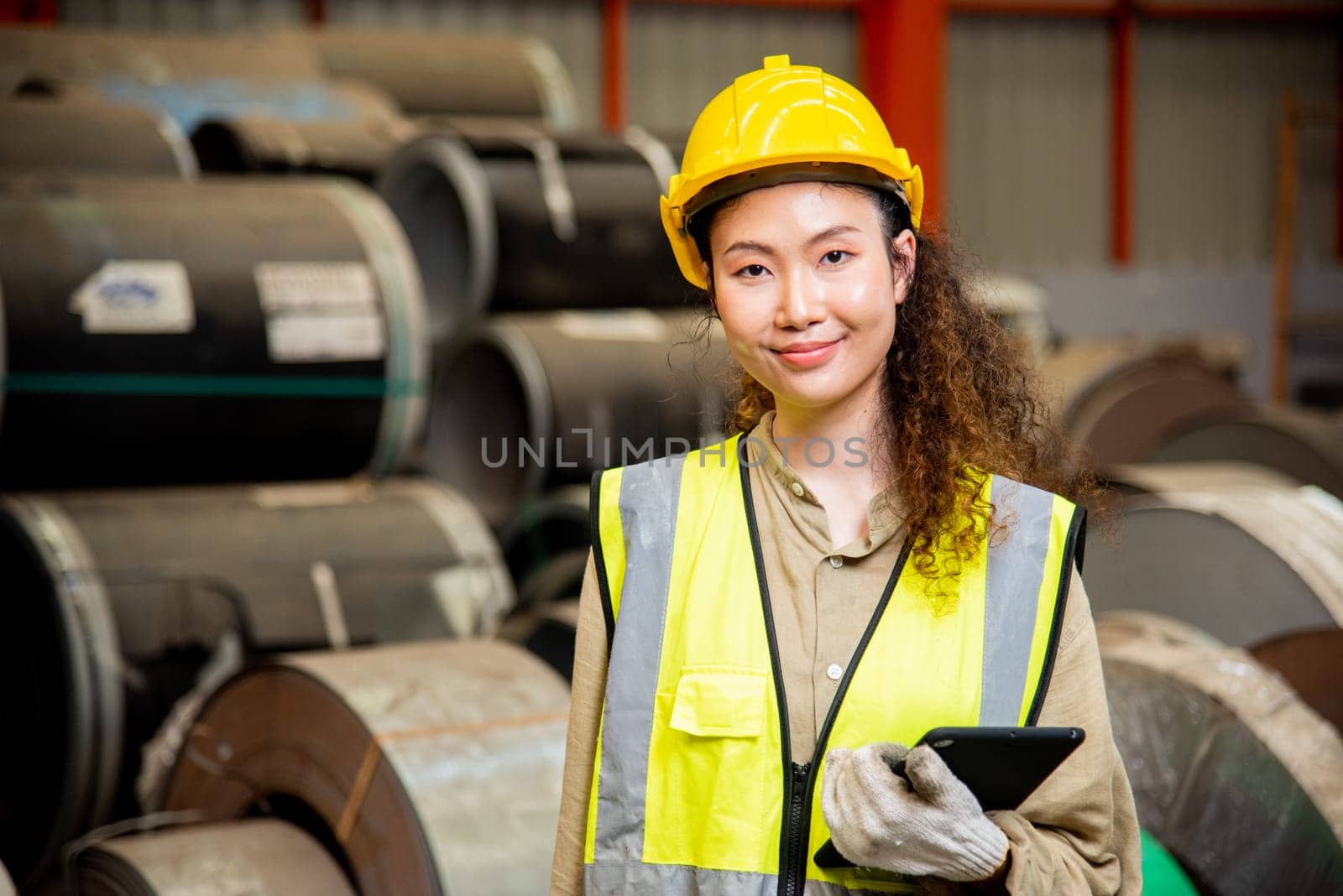 Asian worker woman with safety vest holding tablet computer walking to checking warehouse storage in factory, Professional engineer checking machine walk at roofing metal sheet storage industrial