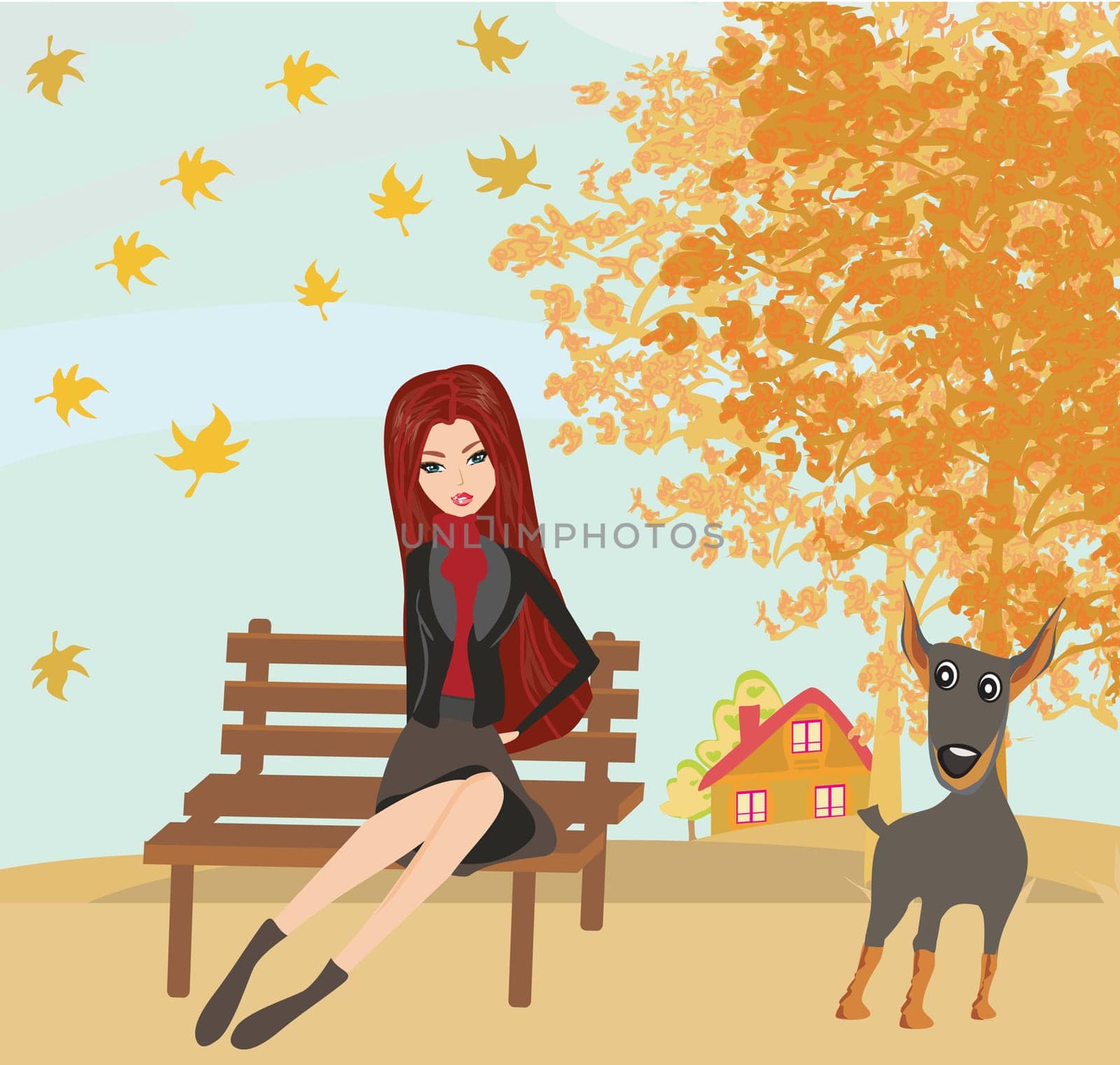 girl sitting on the bench in the autumn day