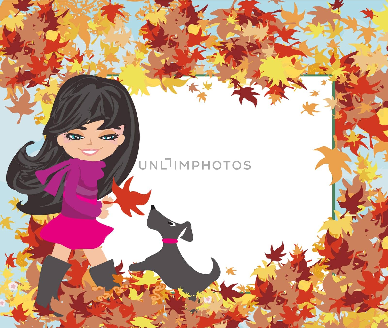 Girl playing with her dog in autumn - Abstract frame