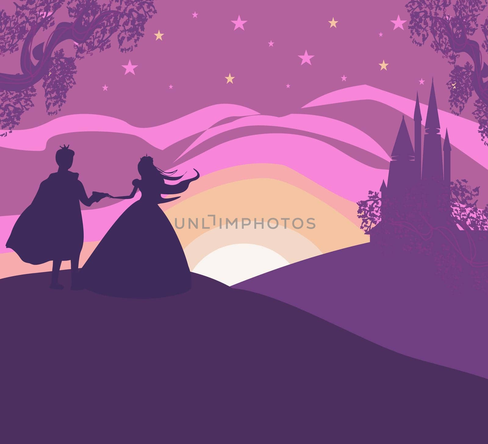 Magic castle and princess with prince