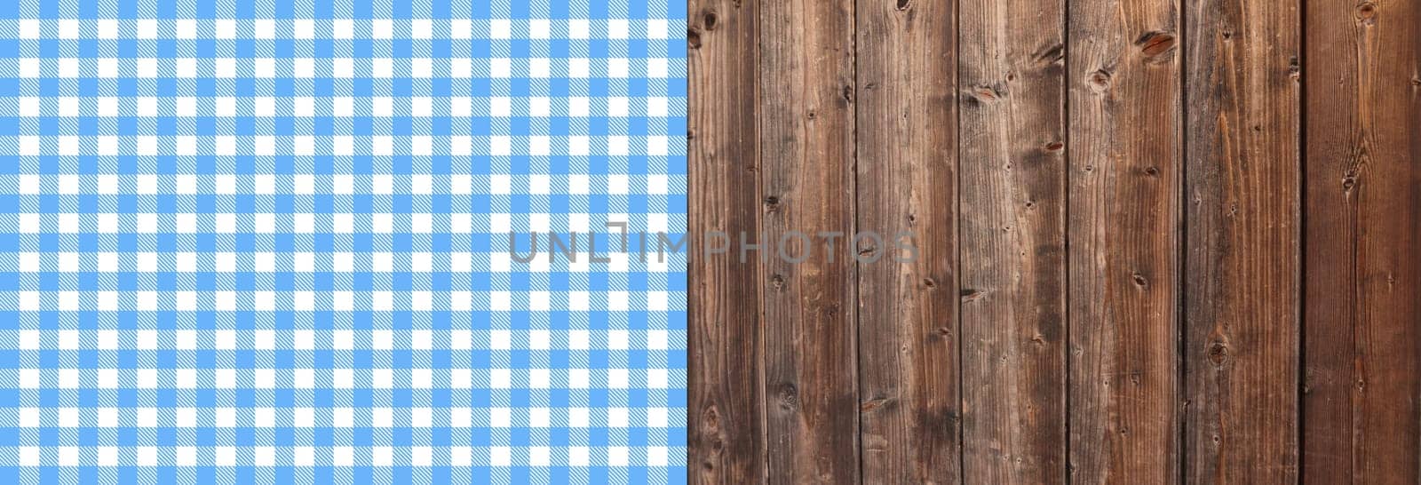 Old rustic brown wooden planks with blue and white checkered tablecloth texture