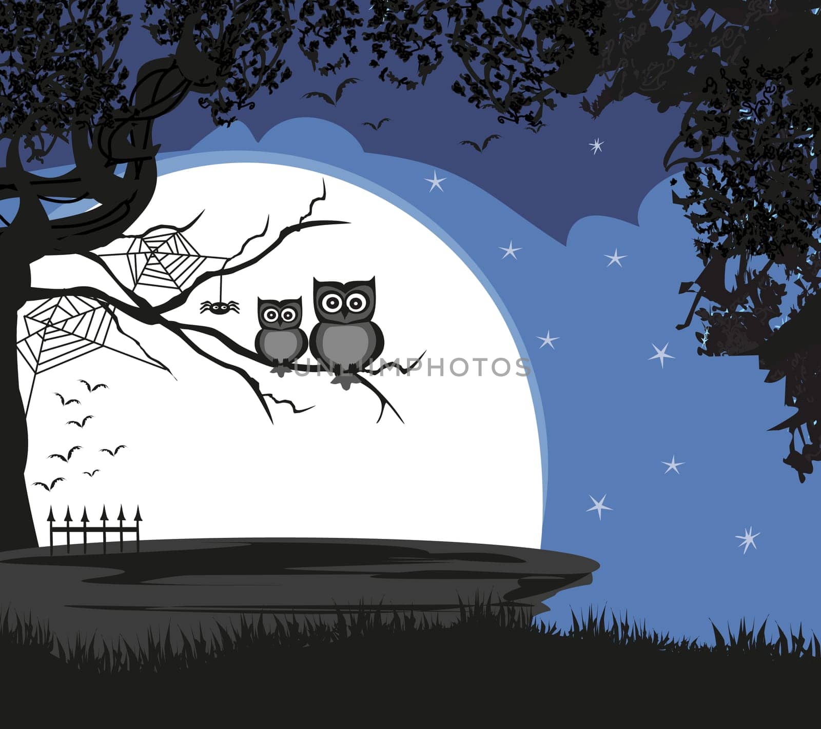 cute Halloween illustration with full Moon, bats and owls