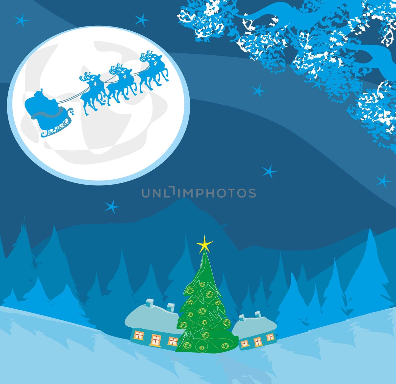 Merry Christmas card with Santa and winter landscape
