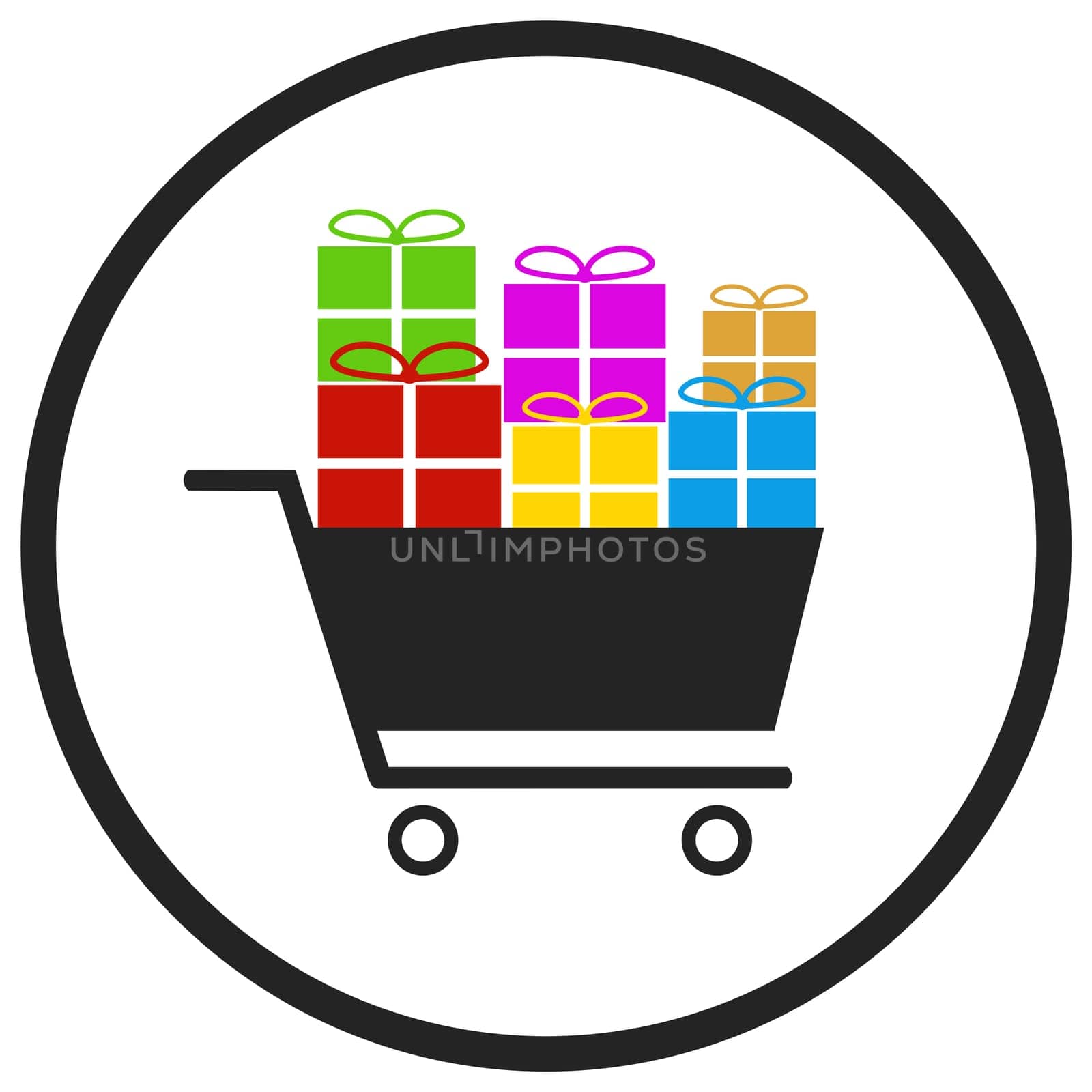 Birthday or Christmas shopping Symbol - Flat Icon in circle with many presents in trolley
