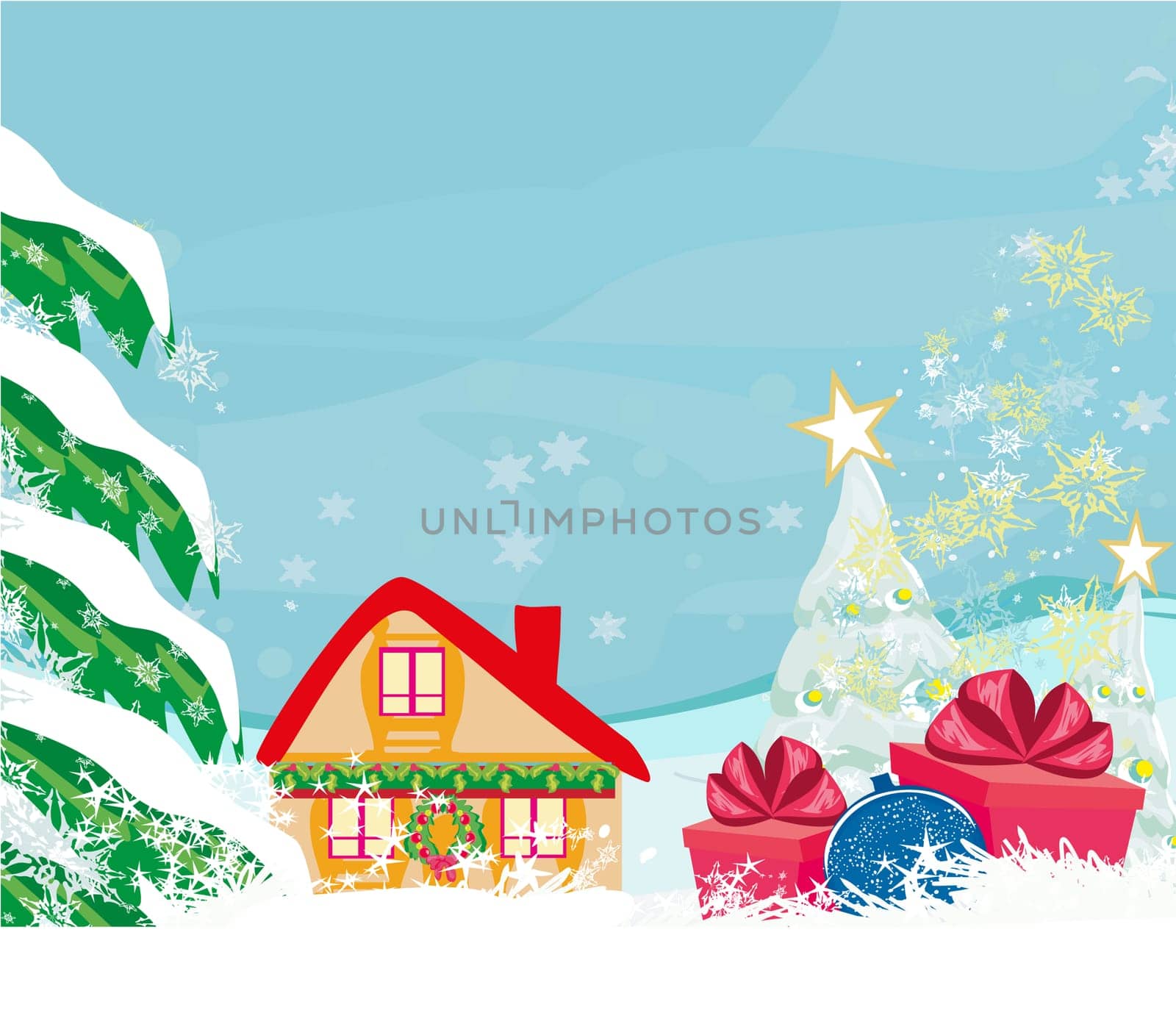 Abstract Christmas card with a surprise gift and winter landscape