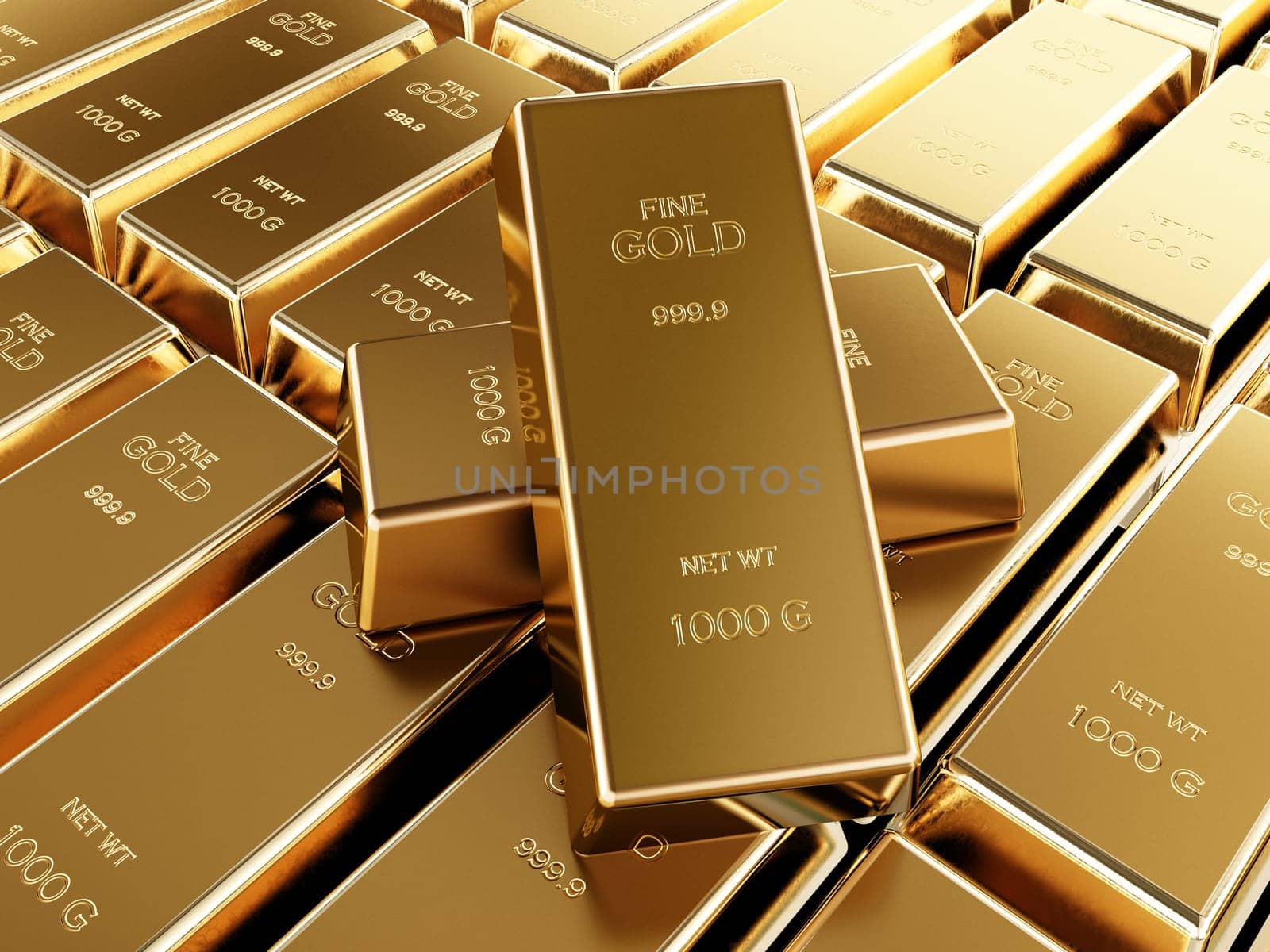 Stack of one kilogram gold bars. 3D illustration.
