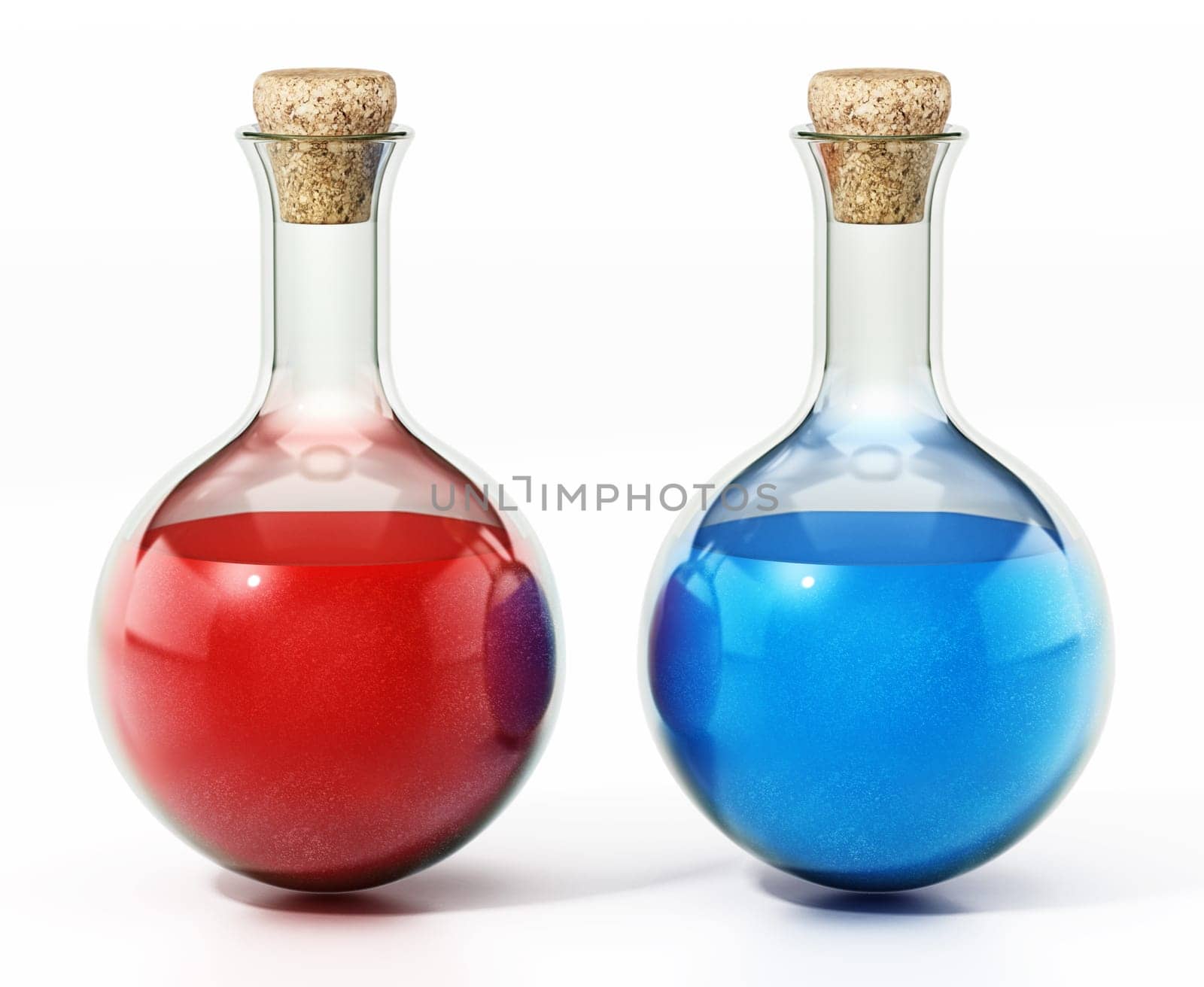 Health and mana potions isolated on white background. 3D illustration.