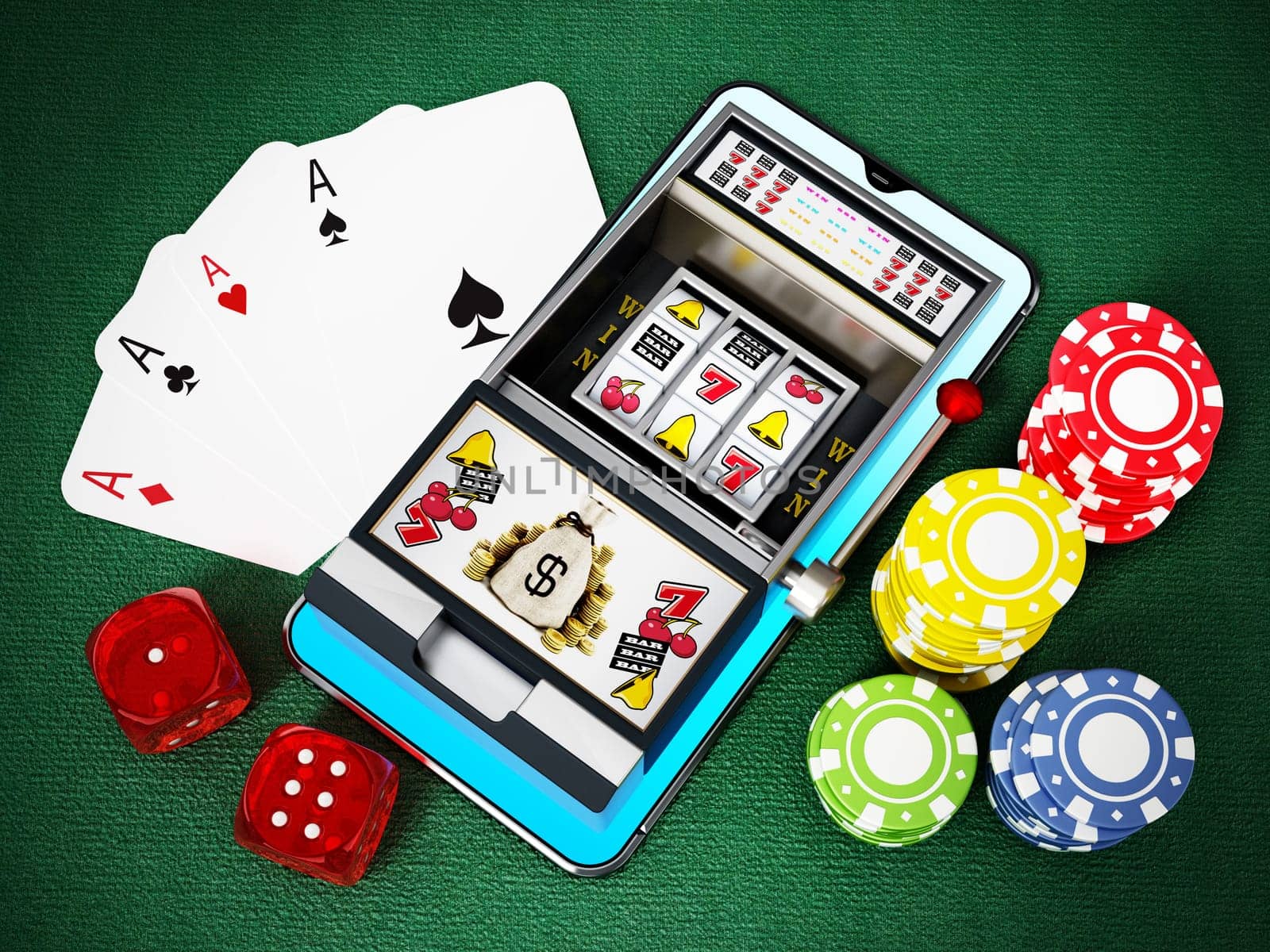 Online gambling concept. Smartphone, roulette,playing cards, chips and dice. 3D illustration.