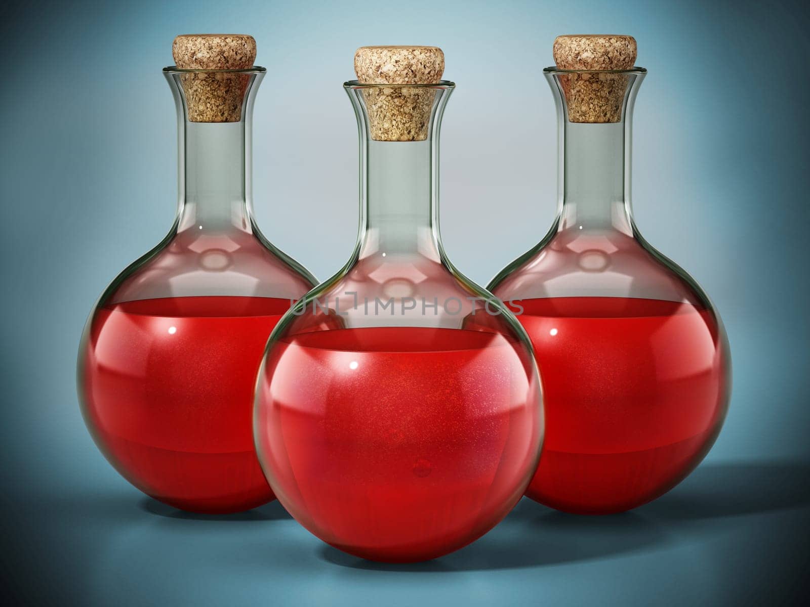 Health potions standing on green blue background. 3D illustration.
