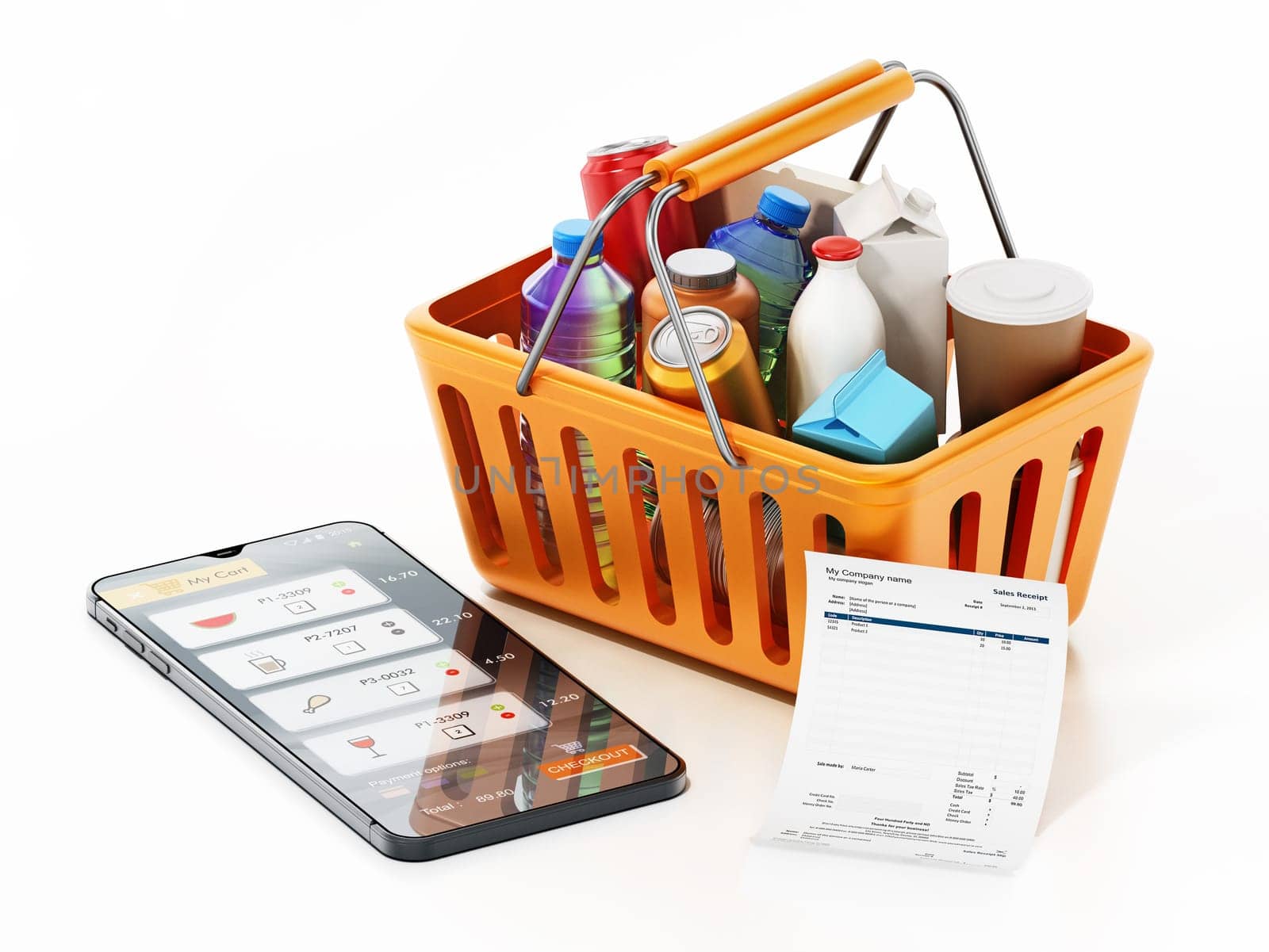 Smartphone and receipt standing next to the shopping basket. Online supermarket shopping concept. 3D illustration.