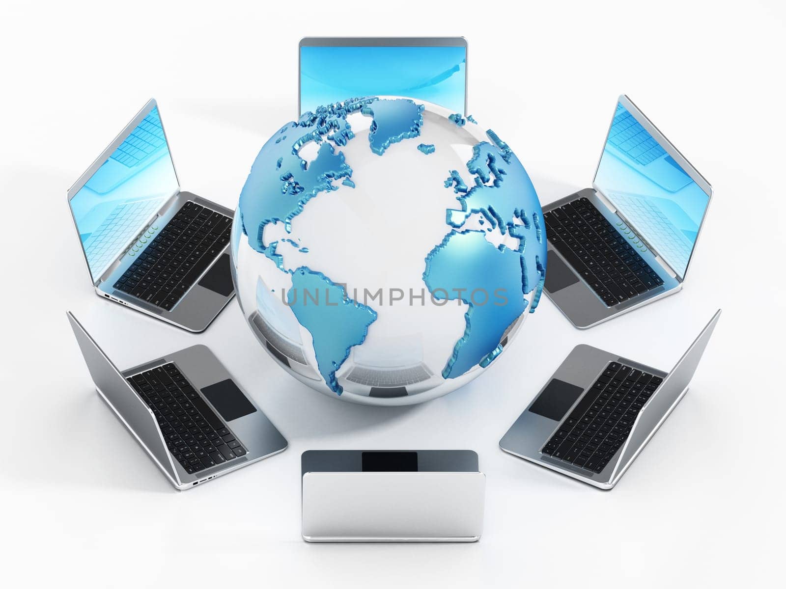 Laptop computers standing around the globe. 3D illustration.